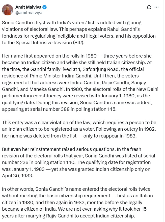 Sonia Gandhi, Voter ID, Rahul Gandhi, Election Commission, Amit Malviya, BJP's allegations, Anurag Thakur, SIR, Voter List Dispute, Bihar Voter Verification, Sonia Gandhi Voter ID, Vote Theft, Rigging in Elections,Voter List Dispute, Sonia Gandhi Voter Record, Rahul Gandhi vs Election Commission, BJP's allegations, Anurag Thakur Press Conference