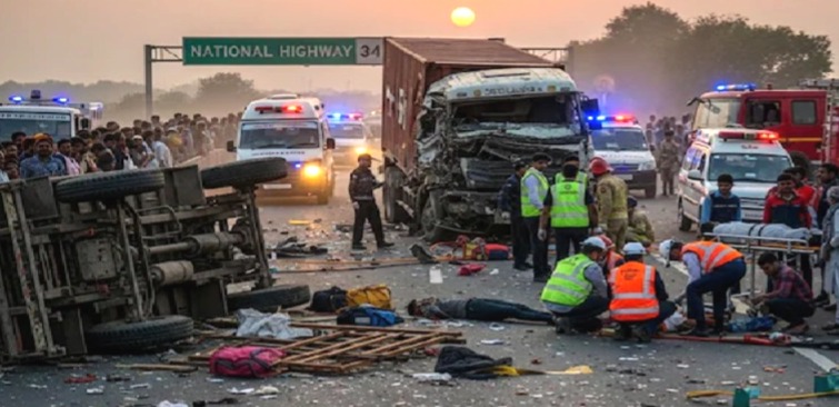 Bulandshahr accident, Uttar Pradesh road accident, Goga Medi pilgrimage, tractor trolley accident, container hits tractor, Bulandshahr news, road accident news