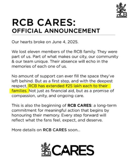 RCB victory parade stampede, RCB 25 lakh help, Bangalore stampede, Chinnaswamy stadium accident, RCB fans, Karnataka government RCB report, Cunha commission report, Siddaramaiah RCB parade, RCB Cares, IPL victory parade.